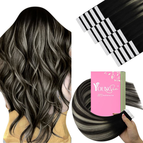 Picture of YoungSee Human Hair Tape in Extensions Ombre Hair Extensions Tape in Black Ombre Silver Hair Extensions Real Human Hair Tape in 18 Inch Balayage Tape in Hair Extensions Human Hair Invisible 20pcs 50g