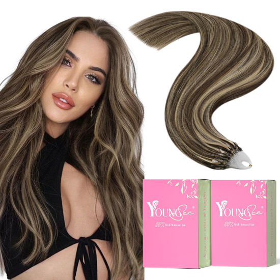 Picture of YoungSee Micro Hair Extensions Human Hair Brown Highlight Micro Beads Hair Extensions Dark Brown Highlight Micro Links Hair Extensions Human Hair Micro Loop Human Hair 18In 50s/50g