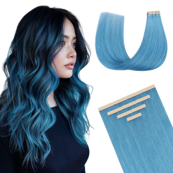 Picture of DOORES Tape in Hair Extensions Human Hair, Turquoise Tape in Hair Extensions, Human Hair Extensions Tape in, Remy Hair Extensions, 25g 10pcs 18 Inch