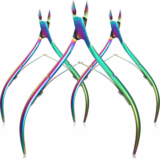 Picture of Mudder 3 Packs Cuticle Nippers Cuticle Cutter Stainless Steel Professional Nail Cuticle Trimmer Pointed Blade Cuticle Remover Scissors Pedicure Manicure Tool for Fingernails and Toenails (Rainbow)