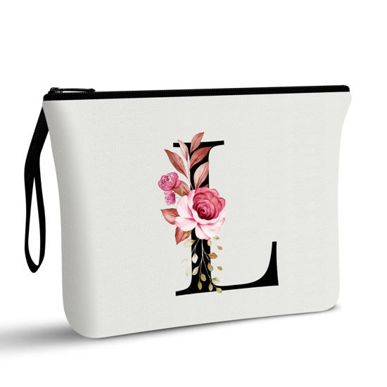Picture of Vavabox A-Z Personalized Makeup Bag, Birthday Gifts for Women Mom, Gifts for Best Friend, Bride Bridesmaid Cosmetic bag (L, White)