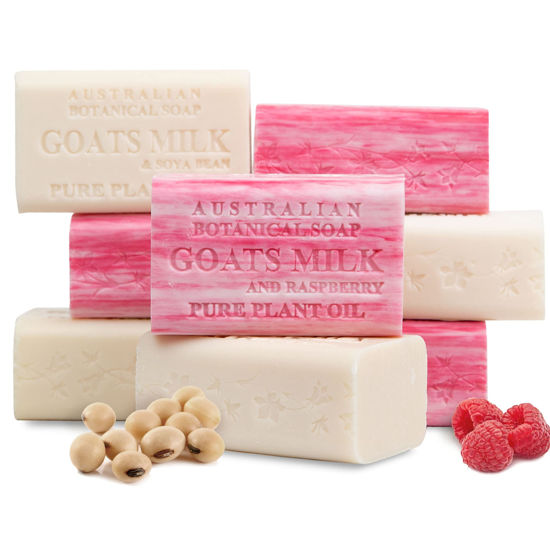 Picture of Australian Botanical Soap, Classic Goats Milk and Goats Milk with Raspberry 6.6 oz. (187 g) Soap Bars | All Skin Types | Women & Men | Shea Butter Enriched Bar Soap | 4 Bars of Each - Pack of 8