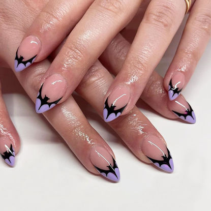 Picture of Halloween Press on Nails Short Almond Bat Fake Nails Halloween Glue on Nails with Designs Full Cover French Tip Acrylic Nails Artificial Purple Nail Tips False Nails Stick on Nails for Women 24Pcs