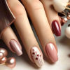 Picture of RUOKEXIN Coffin Press on Nails Medium Fake Nails Red Brown False Nails with Heart Designs Holiday Nail Press ons Glossy Artificial Nails Natural Stick on Nails for Women 24Pcs