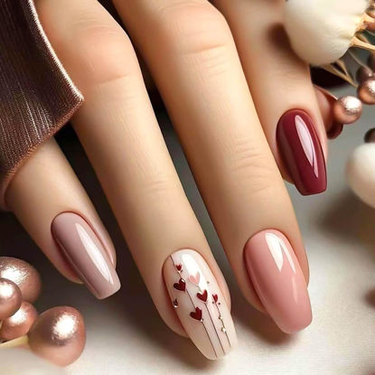 Picture of RUOKEXIN Coffin Press on Nails Medium Fake Nails Red Brown False Nails with Heart Designs Holiday Nail Press ons Glossy Artificial Nails Natural Stick on Nails for Women 24Pcs