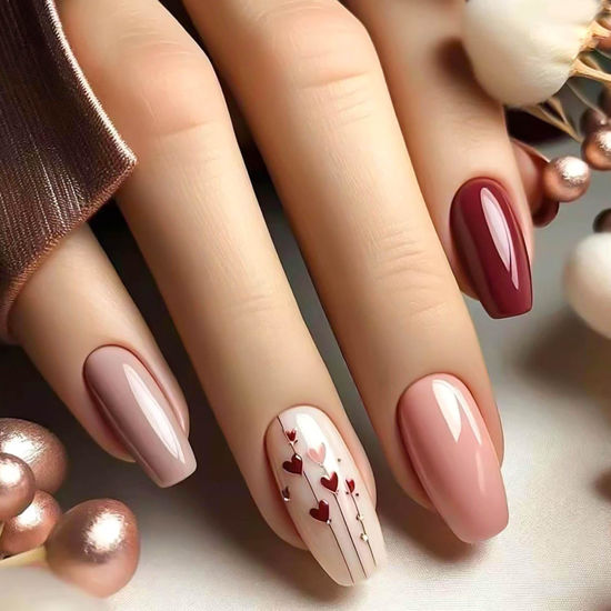 Picture of RUOKEXIN Coffin Press on Nails Medium Fake Nails Red Brown False Nails with Heart Designs Holiday Nail Press ons Glossy Artificial Nails Natural Stick on Nails for Women 24Pcs