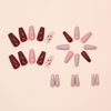 Picture of RUOKEXIN Coffin Press on Nails Medium Fake Nails Red Brown False Nails with Heart Designs Holiday Nail Press ons Glossy Artificial Nails Natural Stick on Nails for Women 24Pcs