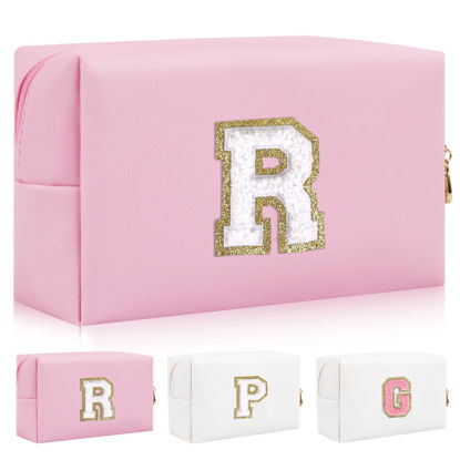 Picture of Personalized Initial Letter Patch Makeup Bag, Preppy Portable Chenille Letter Cosmetic Bag with Zipper, PU Leather Waterproof Travel Toiletry Bag Monogram Make Up Pouch for Women Girls(Letter R)