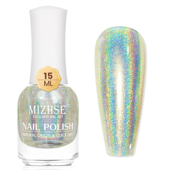Picture of MIZHSE Holographic Nail Polish, Glitter Nail Polish Air Dry Fast, 15 ml High Glossy Shiny Nail Pigment Oil-based Laser Iridescent Nail Polish Chrome Halo Nail Art Salon Manicure Home