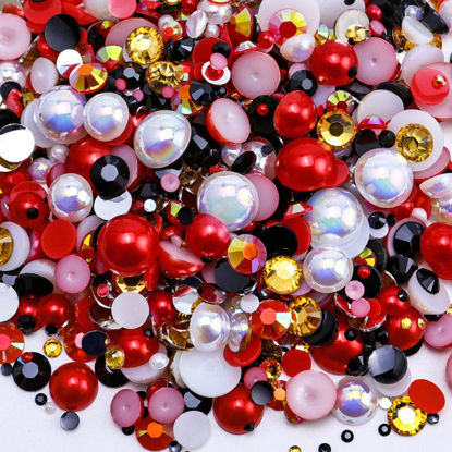 Picture of Briskbloom 60g Mix Pearls and Rhinestones for Crafts, 3620PCS 2mm-10mm Pearl Rhinestones for Nails Face Art Tumblers, Flatback Rhinestones and Half Pearls, with Tweezers Wax Pen, Red|Orange|Black