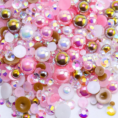 Picture of Briskbloom 60g Mix Pearls and Rhinestones, 3620PCS 2mm-10mm Flatback Pearl Rhinestones for Crafts Nails Face Art Tumblers, Jelly Rhinestones and Half Pearls, with Tweezers Wax Pen, Pink|Brown|White
