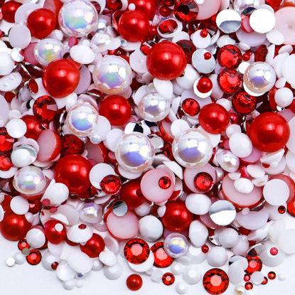 Picture of Briskbloom 60g Mix Flatback Pearls and Flatback Rhinestones for Crafts, 3620PCS Red White Pearl Rhinestones for Nails Face Art Tumblers, Jelly Rhinestones and Half Pearls, with Tweezers Wax Pen