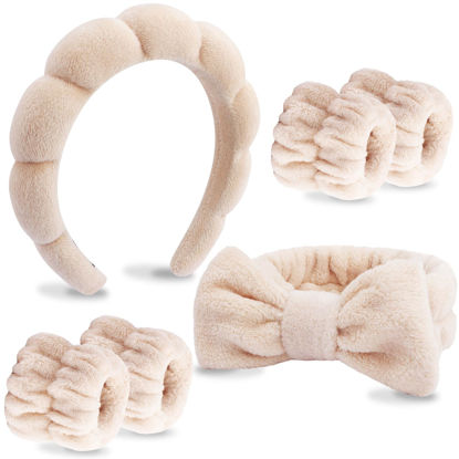 Picture of VELSCRUN 6 Pack Makeup and Skincare Headbands, Brown Sponge Hair Band Bow Tie Set - Wristband Hair Accessories for Women Gifts