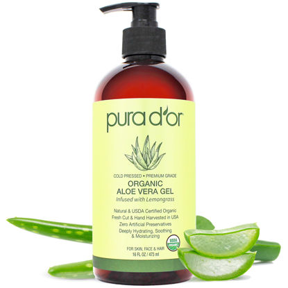 Picture of PURA D'OR 16 Oz ORGANIC Aloe Vera Gel - Lemongrass - All Natural - ZERO Artificial Preservatives - Deeply Hydrating & Moisturizing - Sunburn, Bug Bites, Rashes, Small Cuts, Eczema Relief - Skin & Hair
