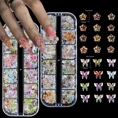Picture of VOTACOS 2 Boxes Butterfly Nail Charms 3D Flower for Nails Rhinestones for Nails Mixed Assorted Color Butterflies Flower Shape Design Gems Nail Art Jewels Accessories DIY Nail Supplies Decorations.