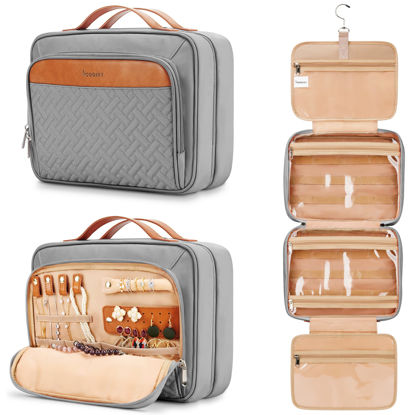 Picture of COOSKY Travel Hanging Toiletry Bag for Women, Holds Full-Size Shampoo, with Jewelry Organizer Compartment, Extra Large Makeup Bag, Waterproof Cosmetic Bag, Toiletries Kit Set with Trolley Belt, Grey