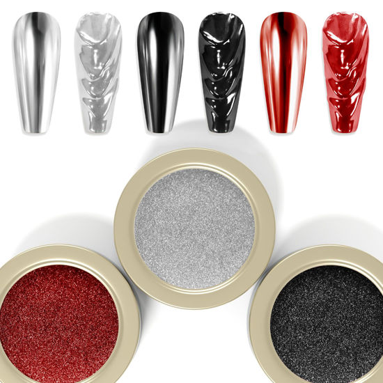 Picture of Laza 3 Colors Chrome Nail Powder Mirror Effect Metallic Dust Holographic Glitter Glazed Manicure Decoration Reflective Pigment for DIY Gel Polish Nail Art, Resin Craft, Gifts - Red Black Silver
