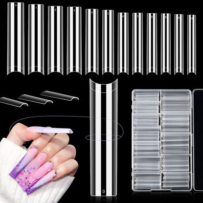 Picture of LIONVISON 504PCS NO C CURVE Clear Nail Tips for Acrylic Nails Professional, 3XL Extra Long Flat Tapered Square Nail Tips, 12 Sizes Half Cover Straight French Fake Nail Tips for Nail Salons Home
