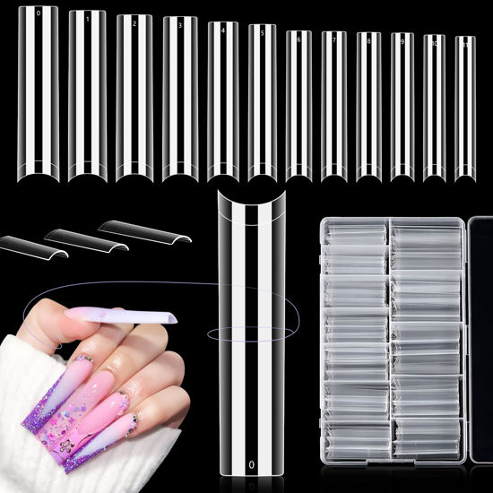 Picture of LIONVISON 504PCS NO C CURVE Clear Nail Tips for Acrylic Nails Professional, 3XL Extra Long Flat Tapered Square Nail Tips, 12 Sizes Half Cover Straight French Fake Nail Tips for Nail Salons Home