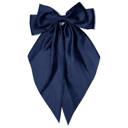 Picture of Large Hair Bows for Women Dark Blue Silky Satin Hair Bow Hair Clips Long Tail French Hair Ribbon Coquette Bows Hair Accessories for Girls