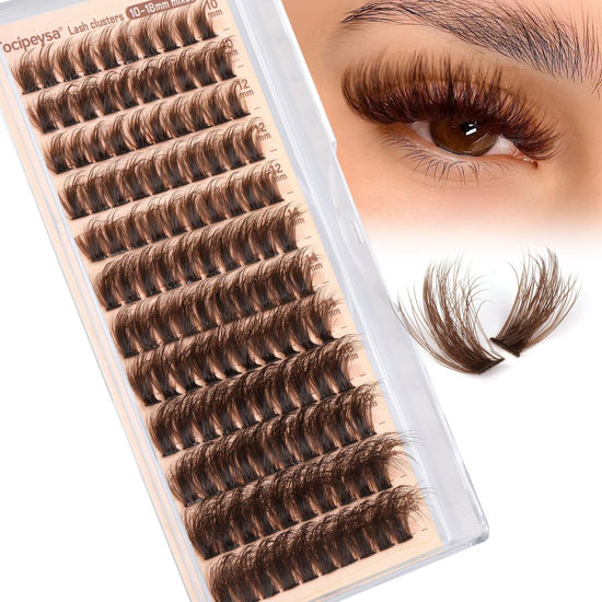Picture of Focipeysa Brown Lash Clusters Fluffy Eyelash Clusters 10-18mm D Curl Eyelash Extension Volume Cluster 80D Individual Eyelash DIY Lash Extension for Beginners