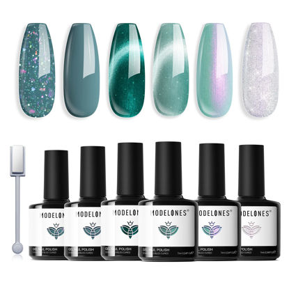 Picture of Modelones Gel Nail Polish, 6 Colors Hema Free Cat Eye Holographic 9D Cat Eye Glitter Gel Polish Set White Green Nail Gel Polish Kit with Magnet Soak Off LED Winter Nail Art Gel DIY Salon