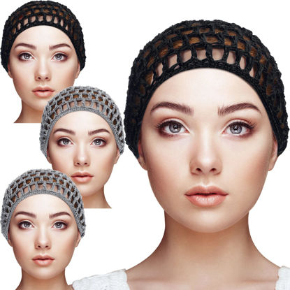 Picture of 4 Pieces Mesh Crochet Hair Net Rayon Knit Snood Hat Thick Short Women Hairnet Snoods Cover Ornament for Sleeping (Black, Gray)