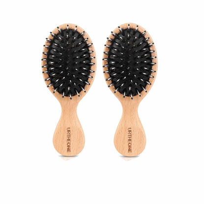 Picture of 2Pcs Hair Brush Mini Boar Bristle Hairbrush for Thick Curly Thin Long Short Wet or Dry Hair Detangle Massage Add Shine, Pocket Travel Small Paddle Hair Brush for Men Women Kids