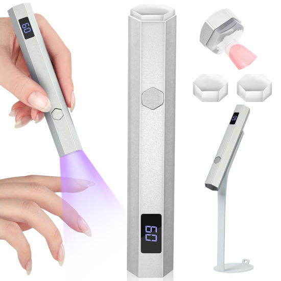Picture of SAVILAND Handheld Magnetic U V Light for Nails: Silver 2-in-1 Magnetic Nail Stand & Nail Stamper Wireless Nail Dryer Handheld LCD Display Screen Curing Lamp Portable Mini LED Gel x Lamp Manicure Gift