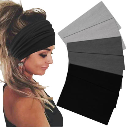 Picture of Sefiinh Wide Headbands For Women Stretch Headband Boho Head Bands Women's Hair Band Turban Workout Hairband Accessories Black Gray 6 Pack