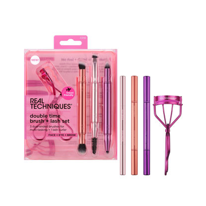 Picture of Real Techniques Double Time Brush + Lash 4 Piece Set, Dual-Ended Eye Makeup Brushes For Eyeshadow & Brows, Travel-Friendly Brush Caps For Storage, Eyelash Curler Included, Cruelty-Free