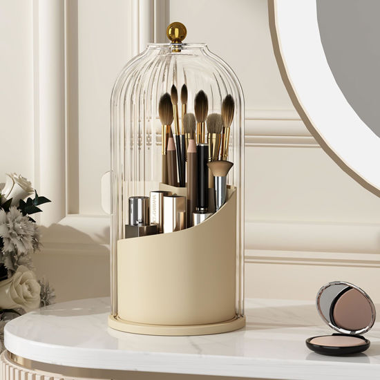 Picture of YOOLENS Makeup Brush Holder with Lid 360 Rotating Clear Dustproof Make Up Organizers for Vanity Bathroom Countertop, White Beige