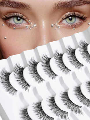 Picture of Cat Eye Lashes Eyelashes Natural 15mm Wispy Lashes False Eyelashes Thin Band Strip Lashes 3D Volume Natural Lashes Pack Eye Lashes Curly 7 Pair Siligli