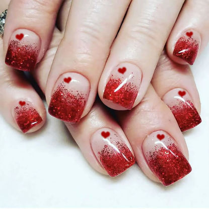 Picture of Red Valentines Press On Nails Short Square Fake Nails Acrylic Heart Nails Press Ons Full Cover False Nails With Heart Gradient Designs Valentines Day Glue On Nails Stick On Nails For Women
