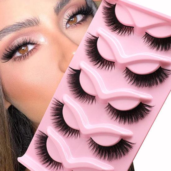 Picture of Veleasha Cat Eye Lashes Natural Look Fox False Eyelashes Gorgeous Wispy & Lightweight Faux Mink Lashes for Doll Eye Makeup 5 Pairs Pack (Charming)