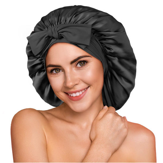 Picture of YFONG 100% 22 Momme Mulberry Silk Bonnet for Sleeping Women - Larger Double Layer Silk Hair Wrap - Non-Slip Silk Turban - Hair Silk Bonnet for Sleeping Women - Silk Cap for Sleeping, Black
