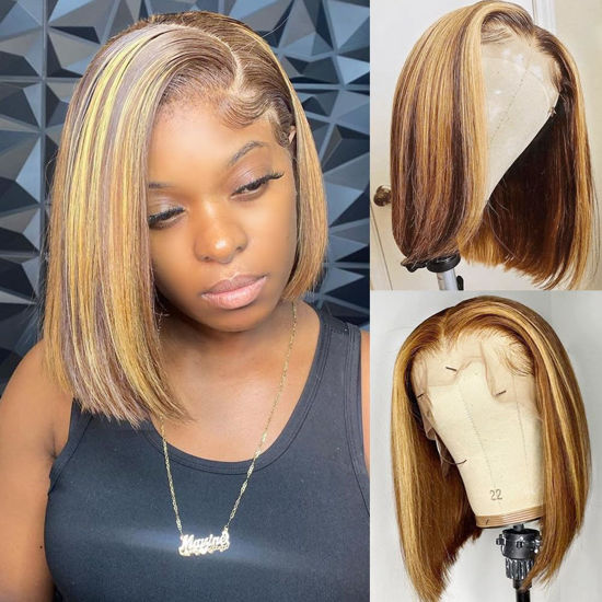 Picture of Highlight Bob Wig Human Hair 13x4 HD Lace Front Wigs Human Hair Pre Plucked Hairline Frontal Glueless Short Straight Bob Wigs for Black Women Human Hair Ombre Brown Honey Blonde P4/27 12 Inch