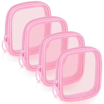 Picture of Weewooday 4 Pcs Mesh Makeup Bag Mesh Cosmetic Bag Travel Toiletry Bag Pouch with Zipper Mini Portable Makeup Cosmetic Travel Toiletry Purse Bag for Daily Accessories (Pink,Small)