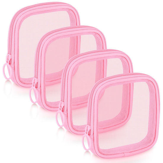Picture of Weewooday 4 Pcs Mesh Makeup Bag Mesh Cosmetic Bag Travel Toiletry Bag Pouch with Zipper Mini Portable Makeup Cosmetic Travel Toiletry Purse Bag for Daily Accessories (Pink,Small)