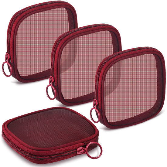 Picture of Weewooday 4 Pcs Mesh Makeup Bag Mesh Cosmetic Bag Travel Toiletry Bag Pouch with Zipper Mini Portable Makeup Cosmetic Travel Toiletry Purse Bag for Daily Accessories (Wine Red,Small)