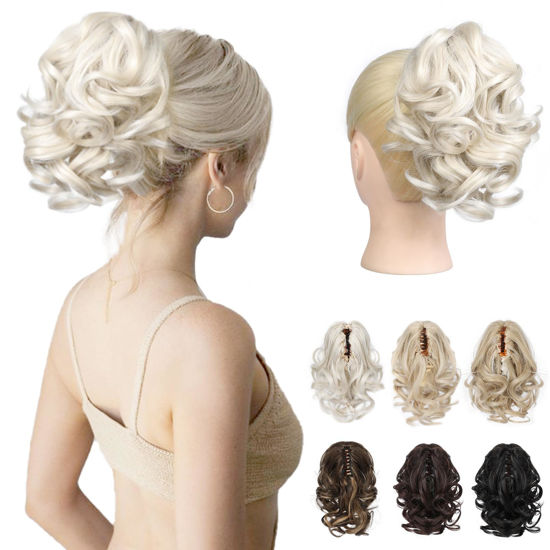 Picture of REECHO 9" Short Ponytail Extension, Classic Loose Curly Wavy Claw Clip Pony tails Hair Extensions HP001 Hairpieces for Women - Platinum Blonde
