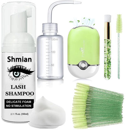 Picture of Lash Shampoo for Lash Extensions, Shmian Lash Fan 50ml Eyelash Foam cleanser with 50 Pcs Eyelash Brush and Rinse Bottle Oil Free/Sulfate Free Eyelash Wash Remover For Eyelash Extension Makeup, Green