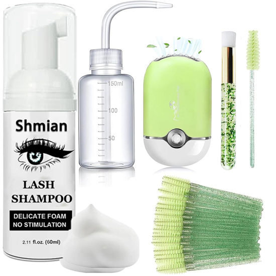 Picture of Lash Shampoo for Lash Extensions, Shmian Lash Fan 50ml Eyelash Foam cleanser with 50 Pcs Eyelash Brush and Rinse Bottle Oil Free/Sulfate Free Eyelash Wash Remover For Eyelash Extension Makeup, Green