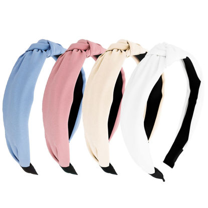 Picture of YISSION 4PCS Knotted Headbands for Women Girls - Non Slip Wide Top Knot Hair Accessories in Blue, Khaki, Pink, White