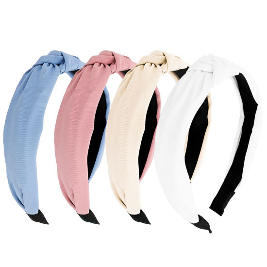 Picture of YISSION 4PCS Knotted Headbands for Women Girls - Non Slip Wide Top Knot Hair Accessories in Blue, Khaki, Pink, White