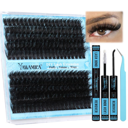 Picture of Yawamica Lash Extension Kit Fluffy 150D+200D Lash Clusters Eyelash Extension Kit 12-20mm Individual Lashes with Lash Bond, Lash Remover, Lash Applicator for DIY Lashes Extension(150D+200D-12-20MM Kit)