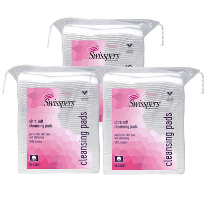 Picture of Swisspers Premium Ultra Soft Cleansing Pads - 50 Count (Pack of 3) - Large Rectangular Pads for Gentle and Versatile Skincare - 100% Lint-Free Cotton