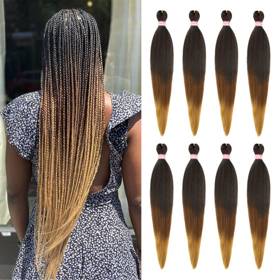 Picture of Pre-stretched Braiding Hair 8 Packs 28 Inch Black to Brown Ombre Braiding Hair Natural Easy Twist Crochet Braids Hot Water Setting Professional Soft Yaki Straight Synthetic Hair Extension (#1B/30/27)