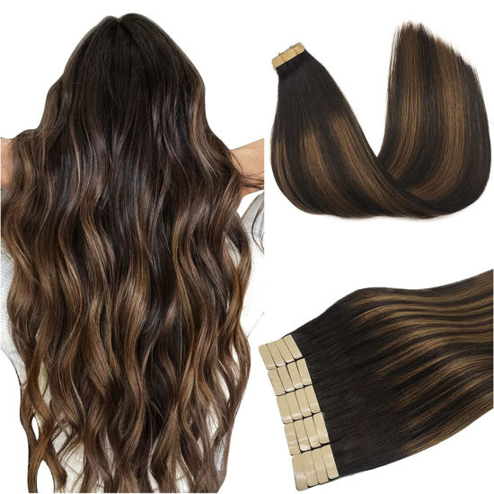 Picture of DOORES 50g 20pcs Tape in Human Hair Extensions Balayage Dark Brown to Chestnut Brown Real Natural Tape in Straight Skin Weft Remy Hair Extensions 22 Inch
