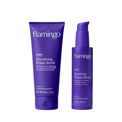 Picture of Flamingo Shaving Prep and Post Care Set for Women - Smoothing Shave Prep Scrub and Soothing Post Shave Serum - Glow Shave Collection